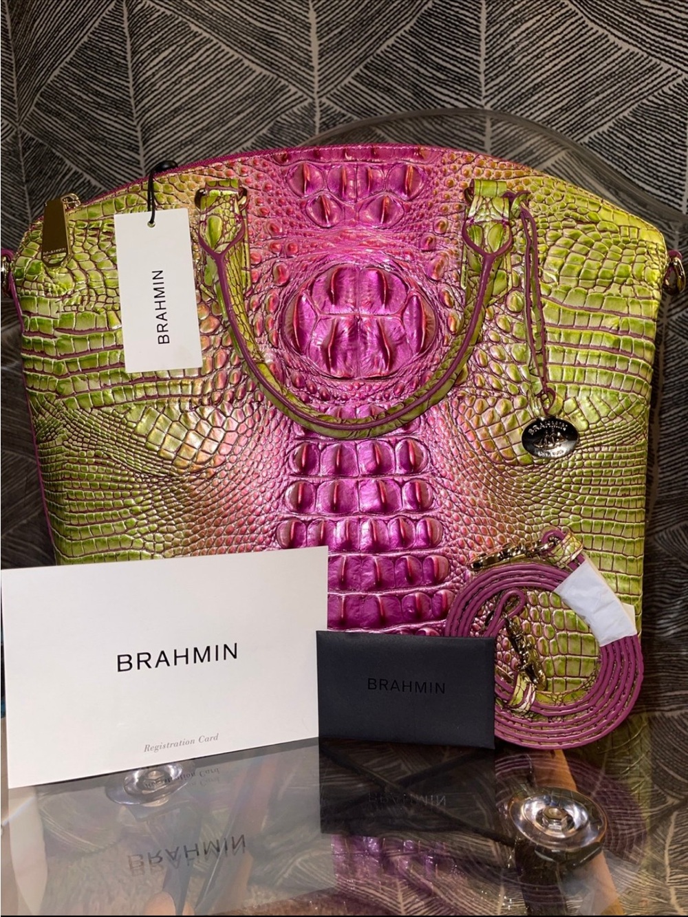 Brahmin Pink & Green Croc-Embossed Dome Satchel with Removable Strap - Picture 6 of 7